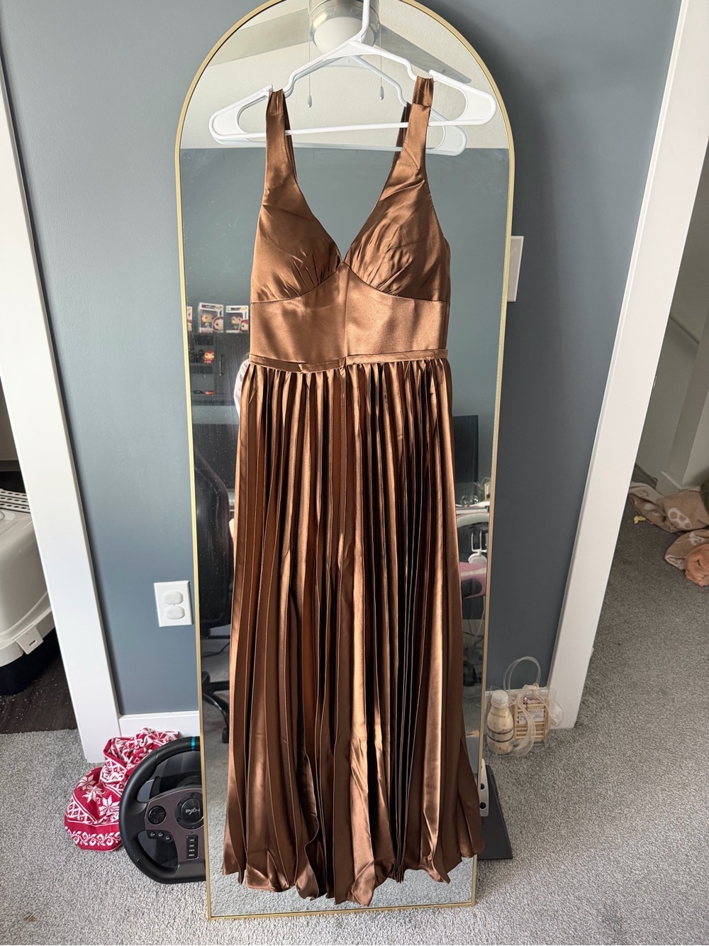 Satin V-Neck Pleated Maxi Dress in Bronze